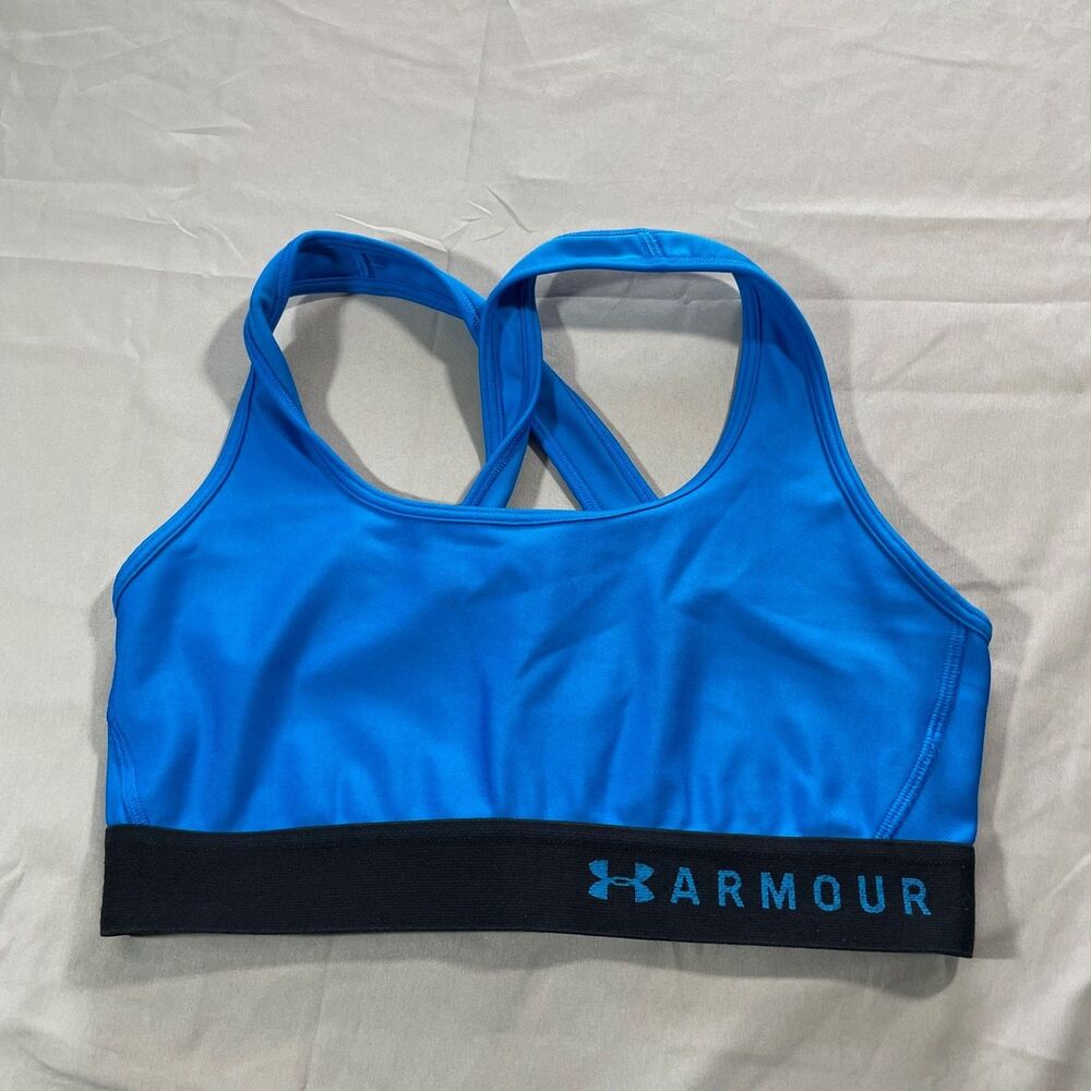 Under Armour Compression Womens Crossback Mid Sports Bra Blue Black Sz M Active